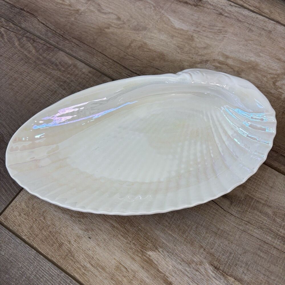 Wedgwood Nautilus Lustre 12" Oyster Seashell Dish England Bone China Iridescent - Picture 15 of 16